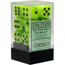 CHX 27630 Bright Green w/black Dice Block (12 Vortex 16mm Pipped d6 Dice)